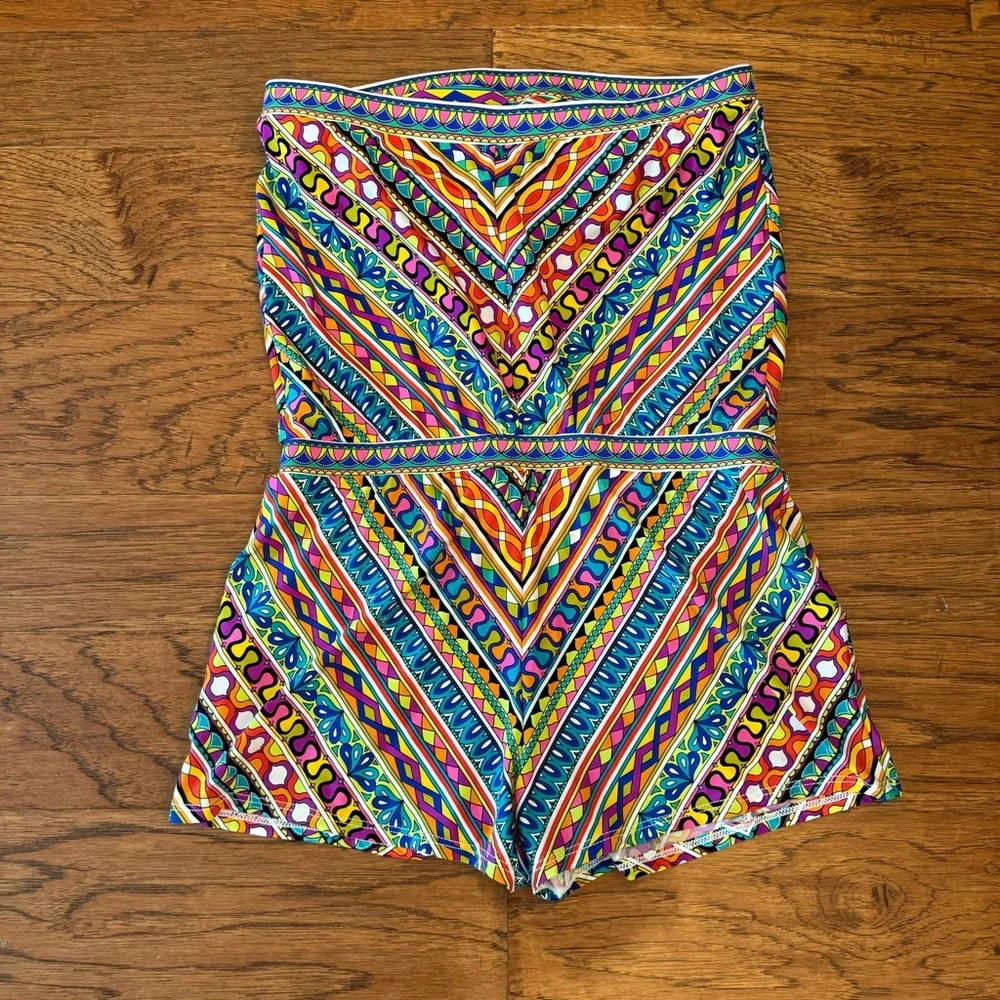 Trina Turk Peruvian Stripe Swimsuit Romper Cover Up Multicolor Halter Top Size M - Picture 12 of 14